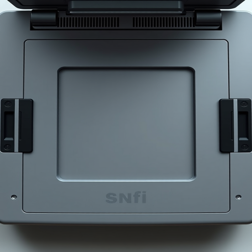 generate a high-resolution image of a flatbed scanner from a top-down perspective using a DSLR camera with a 50mm lens at f/1.8, ISO 100, and a shutter speed of 1/125 sec, focusing on smooth lines and clean edges with proper lighting to enhance details