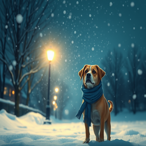 winter scene with a dog wearing a blue scarf standing under a streetlamp illuminating falling snow night setting --ar 16:9 --v 5 --q 2 --camera Canon EOS R5 --focal_length 50mm --aperture f/2.8 --shutter_speed 1/125s --iso 200 --viewpoint eye level --style digital illustration