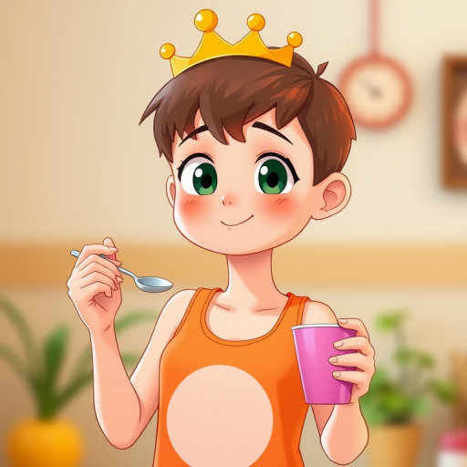 Regenerate an image of a person with short hair and a crown-like hairstyle, wearing an orange tank top, holding a spoon in one hand and a pink cup in the other, in a cartoonish style, using a digital camera with a 50mm lens, aperture set to f/2.8 for a shallow depth of field, and a soft focus background to enhance the subject.