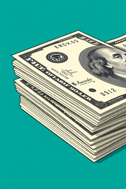 illustration of a stack of dollar bills on a solid teal background, close-up view, high-resolution vector style, DSLR camera settings: f/1.8 aperture, ISO 100, 50mm lens, natural lighting