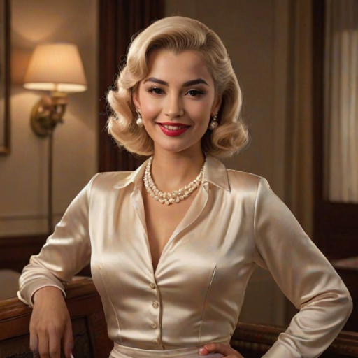 A beautiful Latino woman reminiscent of 1950s Hollywood glamour, with perfectly styled blonde hair and a seductive smile, dressed in a satin blouse and adorned with pearls, soft and warm tones, photorealistic, 8K