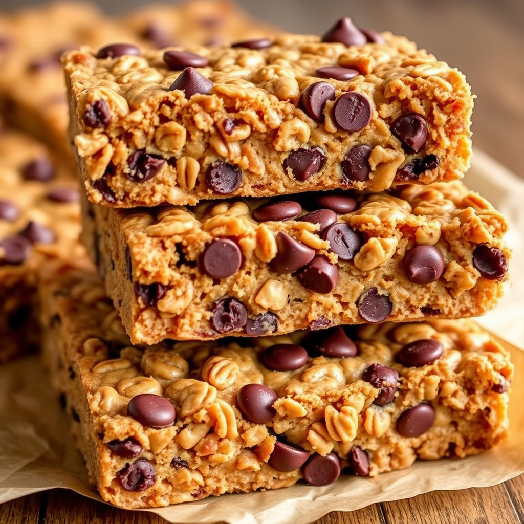 Create an image of a stack of chewy oatmeal chocolate chip bars with a golden brown exterior, studded with chocolate chips and nuts, arranged on brown parchment paper, showcasing a soft and inviting texture.