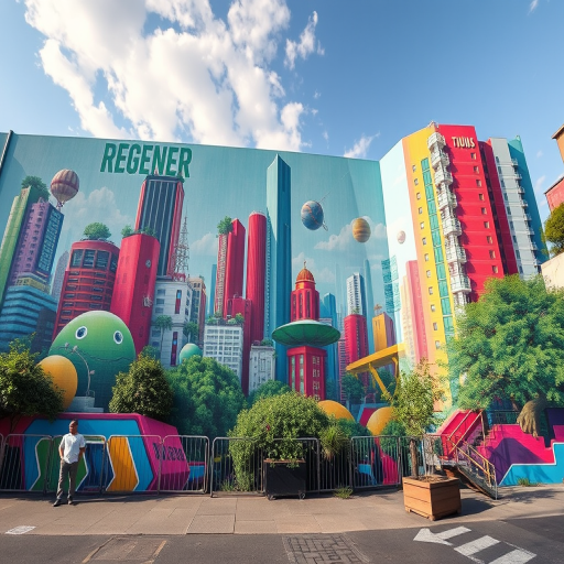 Regenerate a vibrant urban mural depicting a futuristic cityscape with greenery, captured with a Canon EOS R5, 24mm lens, aperture f/8, ISO 200, natural lighting, wide-angle perspective.