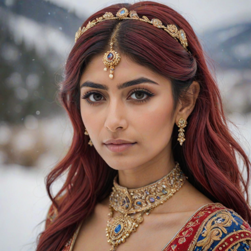 mia khalifa with long, flowing red hair, wearing a traditional, ornate red and blue costume with gold accents and intricate embroidery, stands facing the viewer in a close-up portrait. Her hair is styled in a high ponytail and adorned with a pair of golden, winged hairpieces. She wears gold earrings and her makeup is accented with light pink blush and a bright red lip. She has a soft and slightly melancholic expression, with her eyes looking directly at the camera. The background is a blurred, out-of-focus snowy landscape, with the woman in the foreground. The lighting is soft and natural, creating a warm, intimate atmosphere. The image is composed using a shallow depth of field, with the woman as the main focal point. The overall style is elegant, delicate, and fairytale-like.
