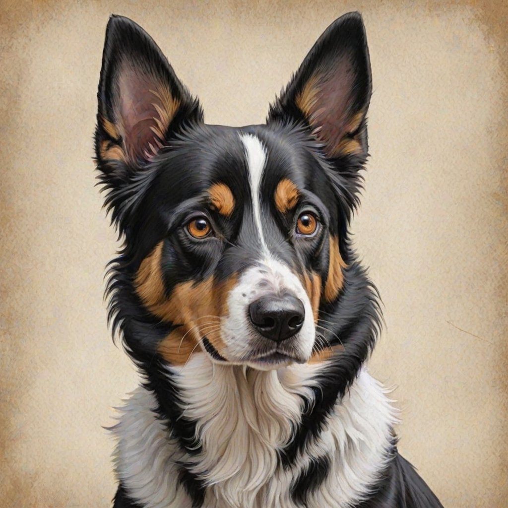 Create a detailed illustration of a black and white dog with striking amber eyes. The dog's face should be prominent and expressive, featuring a mix of fur textures. The background should be a soft, neutral color to enhance the dog's features. The overall style should be bold and graphic, emphasizing the dog's unique characteristics.