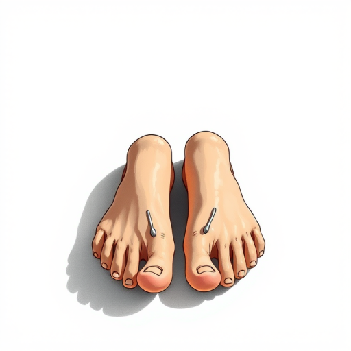create a detailed illustration of a pair of feet on a flat surface with realistic textures and shadows, using a DSLR camera with a 50mm f/1.8 lens, aperture set to f/4 for a sharp depth of field, shot in natural light from the side to enhance detail and contrast, in high resolution for clarity and quality.