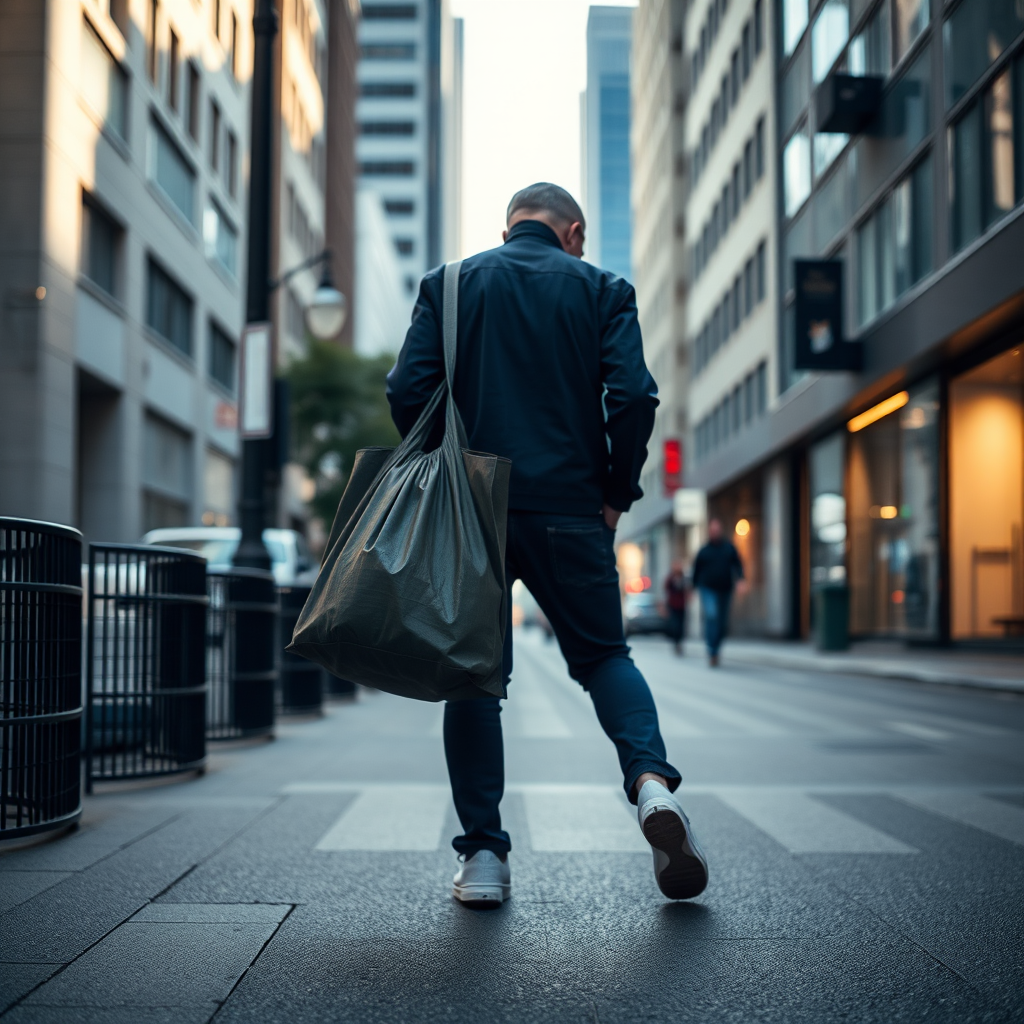 a person walking away carrying a large bag on a city street during the day, soft natural lighting, aperture f/4, shutter speed 1/250s, ISO 200, 50mm lens, DSLR camera, shot from a low angle to emphasize perspective and depth