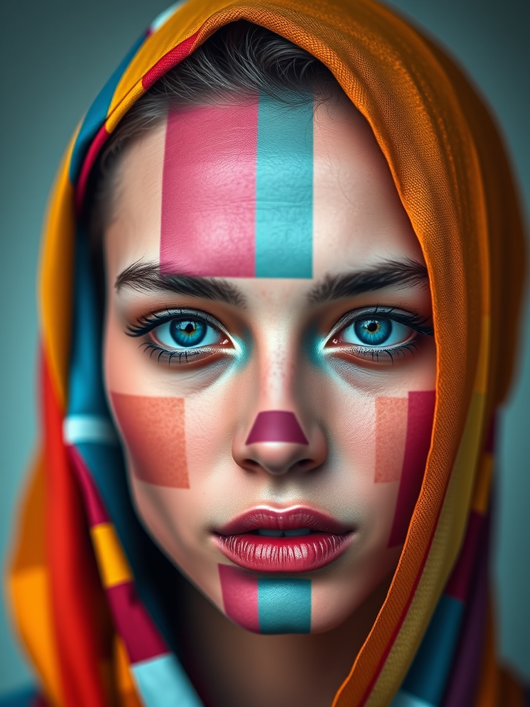 Create a high-resolution image of an abstract portrait with vibrant colors and geometric patterns, using a Canon EOS R5 camera with a 50mm f/1.2 lens, set to ISO 100, aperture f/4, shutter speed 1/125 sec, in soft focus with a shallow depth of field.