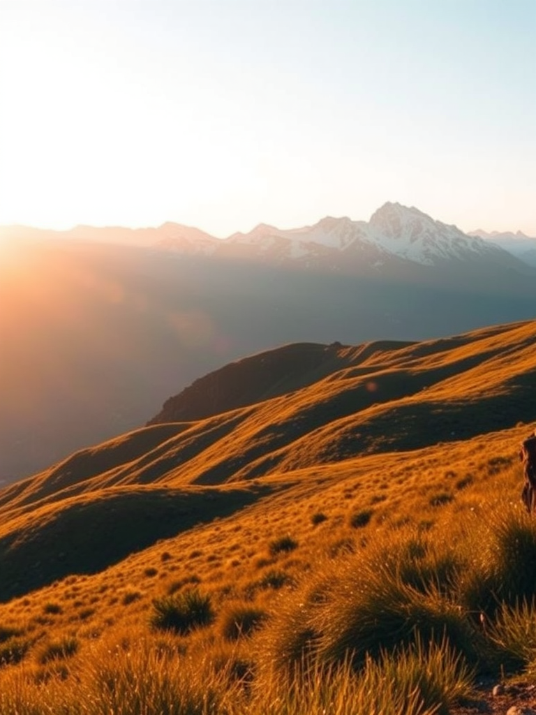 Regenerate a high-resolution image of a mountainous landscape during golden hour, with grassy hills in the foreground and snow-capped peaks in the background; settings: ISO 100, f/11, 1/125s, 24mm lens; view: wide-angle; style: landscape photography; type: DSLR camera.