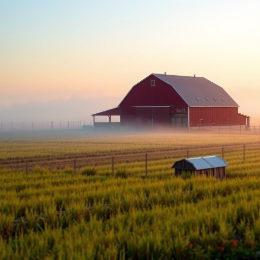 regenerate an image of a foggy landscape with a red barn and agricultural structures in the foreground, capture at sunrise with soft lighting, use a DSLR camera with a wide-angle lens, settings: aperture f/4.0, shutter speed 1/200s, ISO 200, focus on the mist and vivid colors of the field, ensure the composition highlights the tranquility of the rural setting