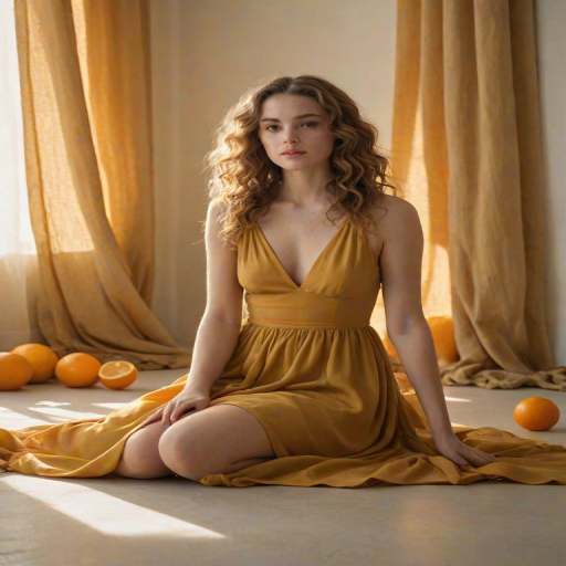 A young woman with wavy hair sitting on a light fabric-covered floor, wearing a mustard-colored dress, surrounded by soft drapes and a few oranges in a warm, sunlit atmosphere.