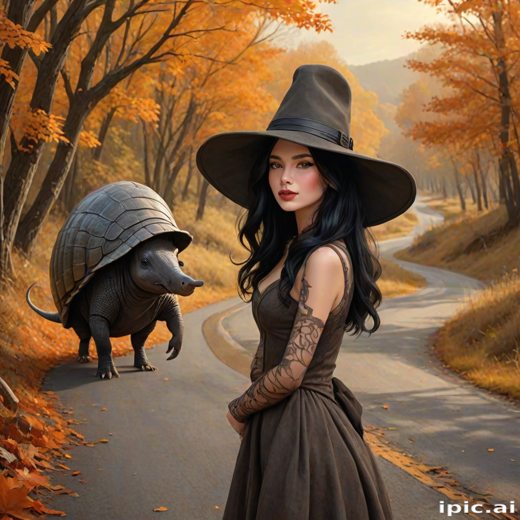digital art fantasy depicting a strange girl with black hair, long eyelashes, orange lipstick and a tall hat walking along a winding road on an autumn afternoon, an armadillo smiles as he passes