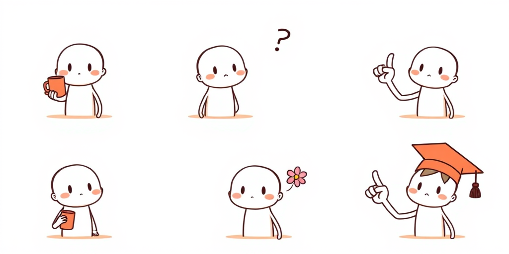 Create a six-panel comic featuring a simple cartoon character with a smooth head and minimal facial features. In the first panel, the character is holding a mug and looking thoughtful. In the second panel, the character has a confused expression with a question mark above its head. The third panel shows the character with a serious expression and a raised fist. In the fourth panel, the character is holding a ring and looking determined. The fifth panel features the character with a flower in its hair and a heart gesture. In the sixth panel, the character is wearing a graduation cap and making a peace sign. The style should be minimalistic and playful.