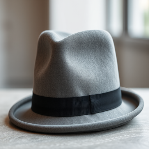Create a high-resolution image of a gray fedora hat with a sleek design against a soft blurred background, using a DSLR camera at f/2.8 aperture, 50mm lens, ISO 100, and natural lighting for enhanced clarity and depth.