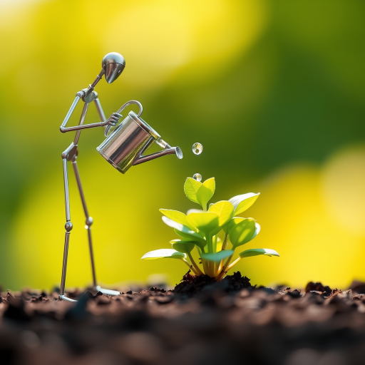 A metal figurine of a person, constructed from thin, silver rods, stands on the left side of the image, facing the viewer. The figurine is holding a small watering can and pouring water onto a young plant, with a few droplets in the air. The plant, with lush green leaves, is situated in the center, growing from dark soil. The background is a soft, out-of-focus blur of green, illuminated by warm, natural light.  The composition creates a sense of depth and intimacy. The image evokes feelings of growth, nurture, and hope.