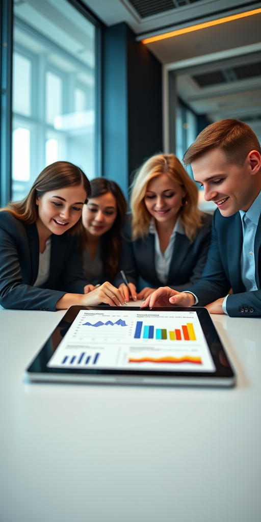 Create a close-up shot of four professionals in a modern conference room, focused on a tablet displaying colorful graphs, with soft natural lighting, using a Canon EOS R5, 50mm lens, aperture f/2.8, ISO 100, shallow depth of field to enhance details and clarity.