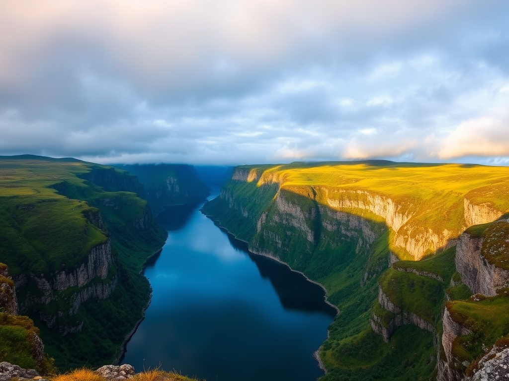 A breathtaking fjord landscape with steep cliffs and lush greenery under a cloudy sky captured at sunrise using a DSLR camera with a 24mm lens, f/8 aperture, ISO 100, 1/125s shutter speed, shot from a high vantage point for dramatic perspective.