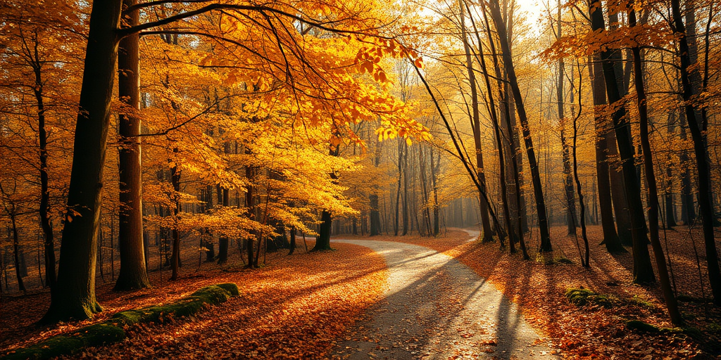 A serene autumn forest scene with golden leaves falling gently from trees illuminated by soft sunlight creating a warm and peaceful atmosphere with a winding path covered in fallen leaves