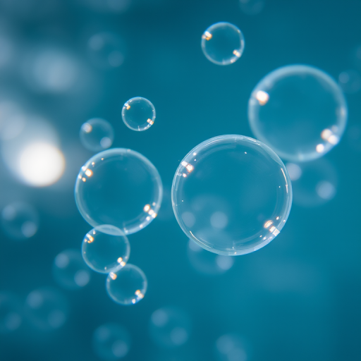 Capture a close-up shot of transparent bubbles underwater with a macro lens, using a shallow depth of field, f/2.8 aperture, ISO 100, and a shutter speed of 1/250 sec, in natural light to enhance the details and clarity of the bubbles.