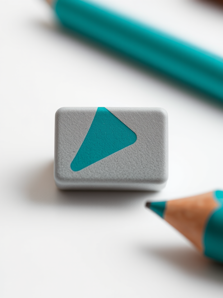 Create a high-resolution image of a rectangular eraser with a teal and gray design, front view, with soft lighting, using a DSLR camera at f/2.8 aperture, ISO 100, and a 50mm lens for sharp detail and depth of field.