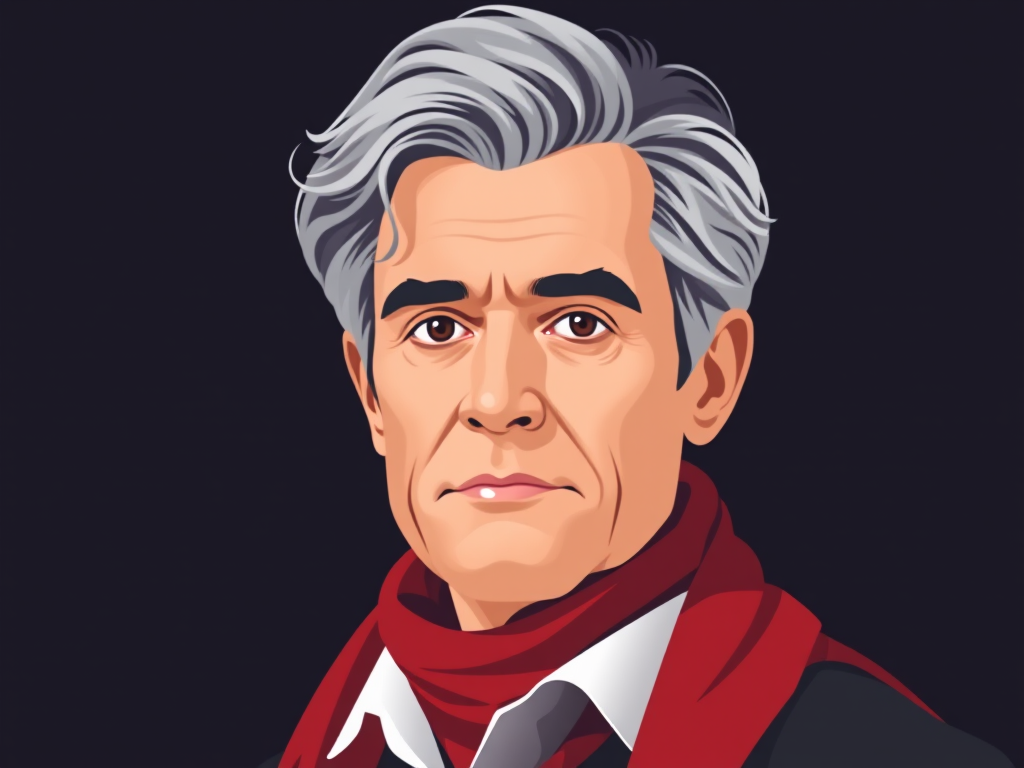 Create a vector-style portrait of a man with wavy gray hair, wearing a white collar and a red scarf, set against a dark background, using a digital camera with a focal length of 50mm, aperture of f/2.8, and ISO 100, in a flat design style.