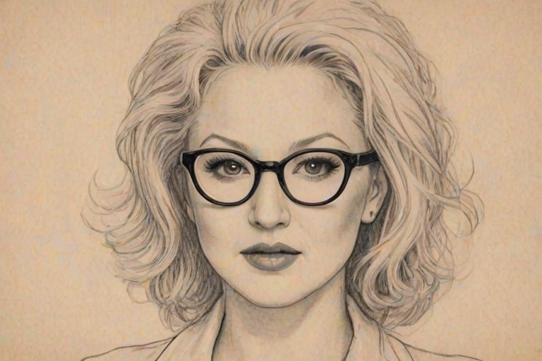 Fetching Cyndi Lauper, pencil sketch, portrait of Captivating woman 1945s in glasses, hair style beatnik, outline, clear lines, fine lines, 8k
