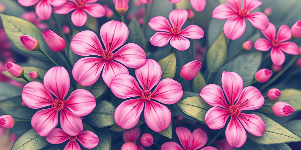 Create a vibrant illustration of pink flowers and leaves with a whimsical style, using a macro lens on a DSLR camera with an aperture of f/2.8, ISO 100, and a focal length of 50mm to enhance image clarity and depth.