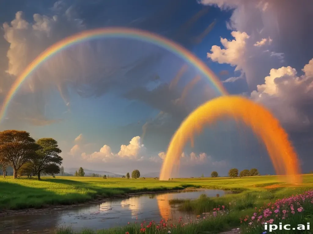 Vibrant Rainbows Arching Over a Serene Landscape with Colorful Flowers