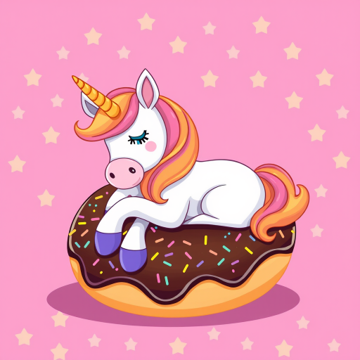 Create a vibrant cartoon image of a unicorn lounging on a colorful chocolate donut with sprinkles against a bright pink star-patterned background, shot with a DSLR camera at f/2.8, ISO 100, 50mm lens, in a whimsical art style.