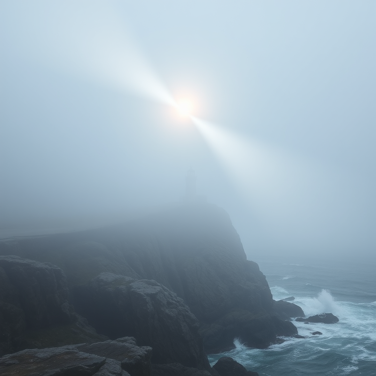 Softly focused photo of a lighthouse perched on a rocky cliff, beams of light cutting through the thick fog, with crashing ocean waves faintly visible below.