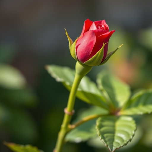 Capture a close-up of a single red rosebud on a green stem with lush green leaves in a soft-focus background, using a DSLR camera with an aperture of f/2.8, ISO 100, 50mm lens, and natural lighting to enhance vibrancy and detail.