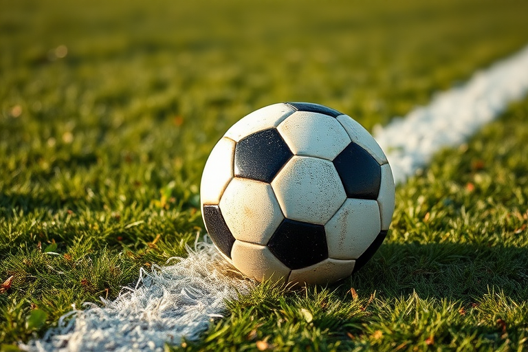 soccer ball on a grass field next to a white line, shot with a DSLR camera, aperture f/2.8, shutter speed 1/500s, ISO 100, close-up view, natural lighting