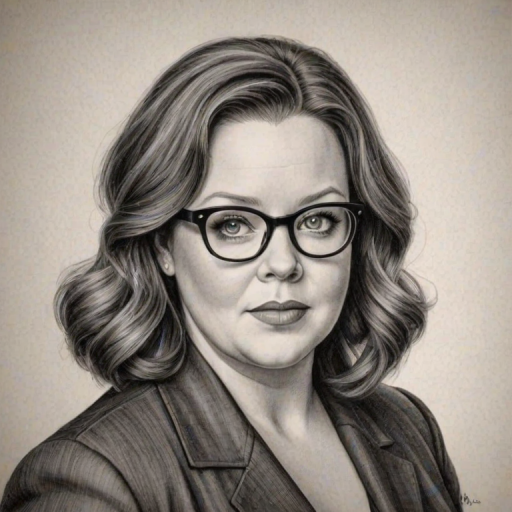 Lovely Melissa McCarthy, pencil sketch, portrait of Wonderful woman 1937s in glasses, hair style beatnik, outline, clear lines, fine lines, 8k