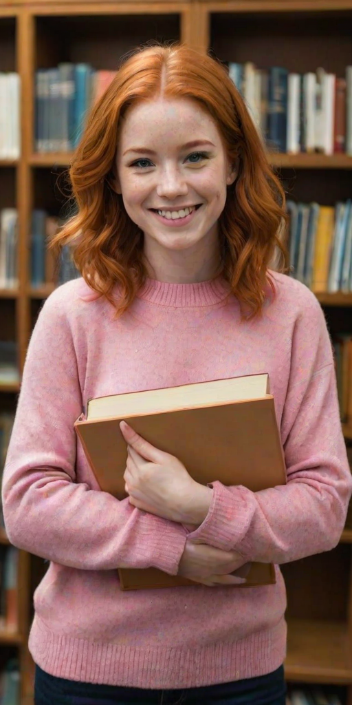 this is an image of a young women with shoulder length red hair, pink sweater, standing in a library, holding a stack of books, smiling