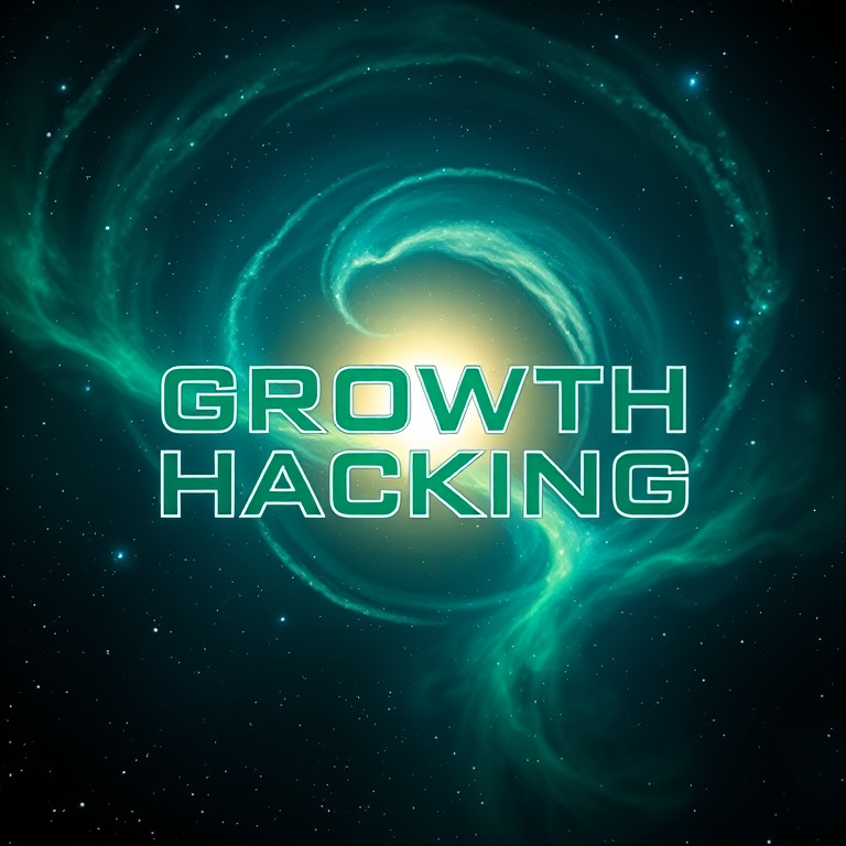 Create an image of a cosmic space scene with swirling galaxies and nebulae in shades of green and blue, featuring the words "GROWTH HACKING" in a bold, futuristic font that appears to recede into the distance, captured with a DSLR camera, 35mm lens, f/2.8 aperture, ISO 100, shot from a low angle with a wide depth of field to enhance clarity and detail.