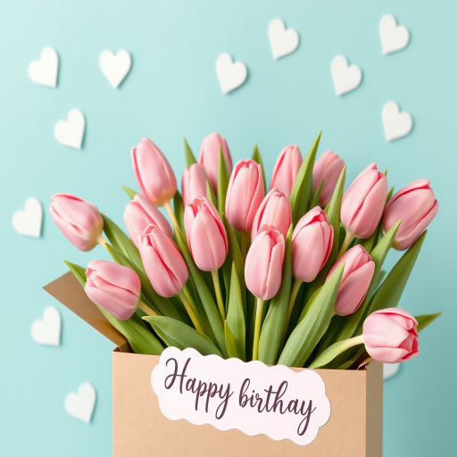 A bouquet of pink tulips in a brown cardboard box with green leaves against a teal background surrounded by white hearts and a small pink and white sticker, with the words Happy birthday in elegant black script.