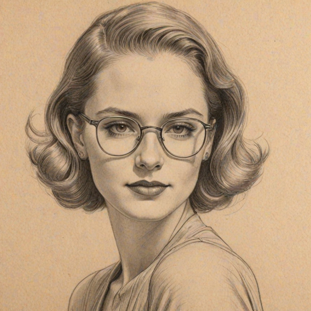 Graceful Caitlin Gerard, pencil sketch, portrait of Enticing woman 1935s in glasses, hair style beatnik, outline, clear lines, fine lines, 8k