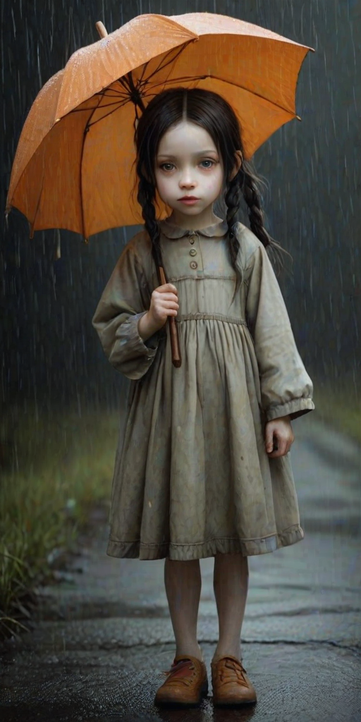 An eerie, weird little girl with dark hair in thin pigtails, wearing a smock dress, standing in the rain, holding a dirty orange umbrella, a small, odd creature beside her. In a surreal style inspired by Nicoletta Ceccoli and Brian Froud. Dark fantasy themes