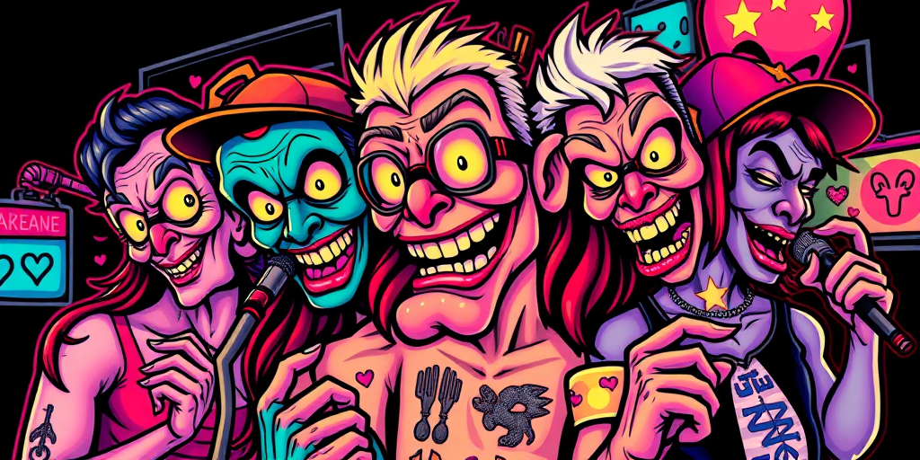 New school tattoo called "Neon Nightlife" depicting exaggerated cartoon-style characters in vibrant, eye-catching colors with bold outlines and playful distortions of reality