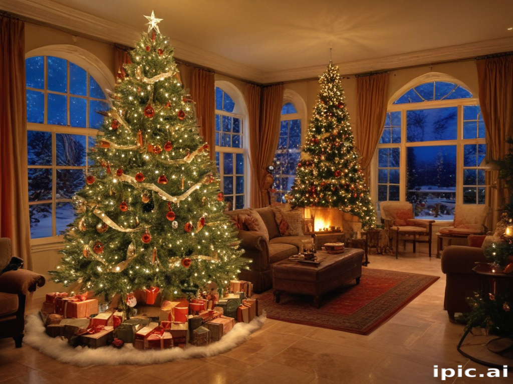 Cozy Living Room Decorated for Christmas with Beautiful Trees and Gifts