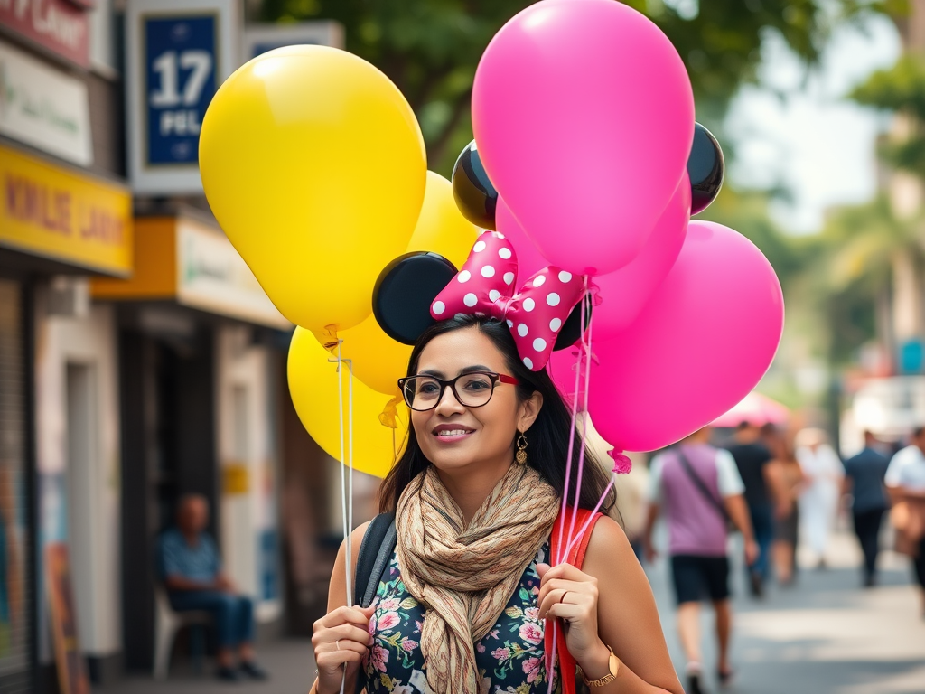 Capture a vibrant street scene featuring a woman holding colorful Minnie Mouse balloons, shallow depth of field, aperture f/2.8, ISO 100, shutter speed 1/250s, 50mm lens, natural lighting, candid style, DSLR camera.