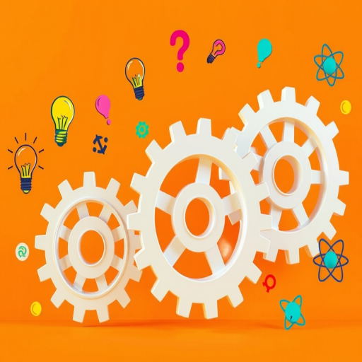 Create a digital illustration featuring three large white gears on a warm orange background, surrounded by colorful light bulbs, question marks, and atomic symbols, with a slight shadow effect for depth, using a wide angle lens at f/8, 1/60s shutter speed, and ISO 100 for enhanced clarity and vibrancy.