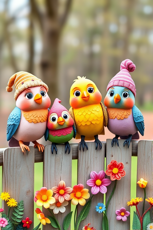 create a scene of 4 quirky  whimsical colourful comical birds each with a funny expression. they are sat on a wooden fence with colourful flowers. they are all different sizes. each one is a different colour  one is wearing a woolly hat. Each one has a different quirky google expression and there is a muted background of trees watercolour paintierly style high definition 8k resolution 3D paper mache
