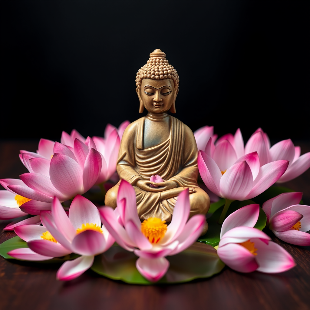 Buddha statue surrounded by pink lotus flowers on a wooden surface with a dark background, shot with a DSLR camera at 50mm lens, f/1.8 aperture, ISO 100, soft focus, natural light.