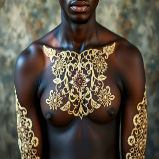 Face, shoulders, chest covered in openwork Igbo embroidery. Raw, unedited image.