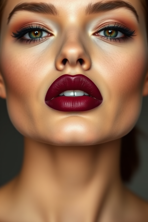 Elegant woman lips painted in deep burgundy matte lipstick, perfectly lined and shaped, full face image highlighting sophisticated allure and timeless beauty