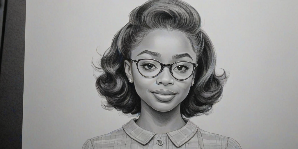 Pleasing Skai Jackson, pencil sketch, portrait of Radiant woman 1953s in glasses, hair style beatnik, outline, clear lines, fine lines, 8k
