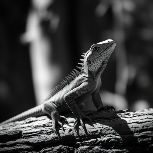 Create a high-resolution black and white image of an iguana perched on a textured log with a shallow depth of field, using a DSLR camera with a 50mm lens at f/1.8, ISO 100, and shutter speed 1/250s, capturing soft lighting from one side for dramatic shadows.