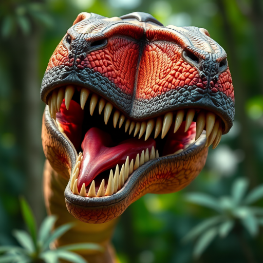 Create a vibrant illustration of a Tyrannosaurus Rex head with exaggerated features, using a digital painting style, set in high resolution, 300 DPI, with a camera view that emphasizes details of the face, include a shallow depth of field to blur the background and enhance focus on the dinosaur's expressive eyes and sharp teeth.