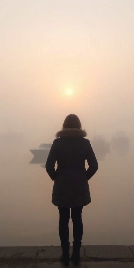Foggy harbor at dawn, with boats barely visible through the thick mist, a woman stands at the wateres edge, her hands tucked in her coat pockets as she watches the sun rise slowly over the horizon.